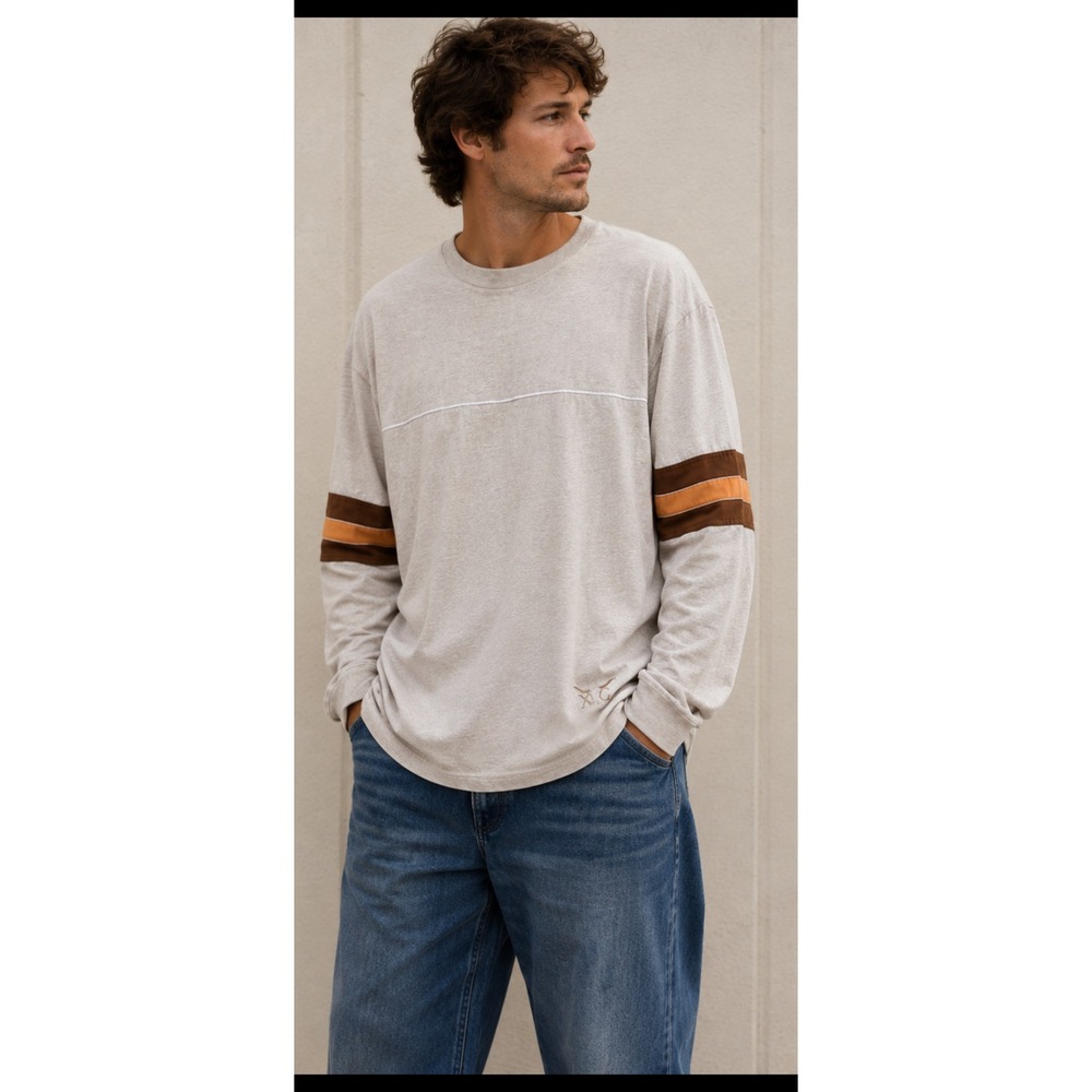 Xtreme Gear XG Mens Long Sleeve Jersey Tee Oatmeal Beige Brown Orange Stripe XL